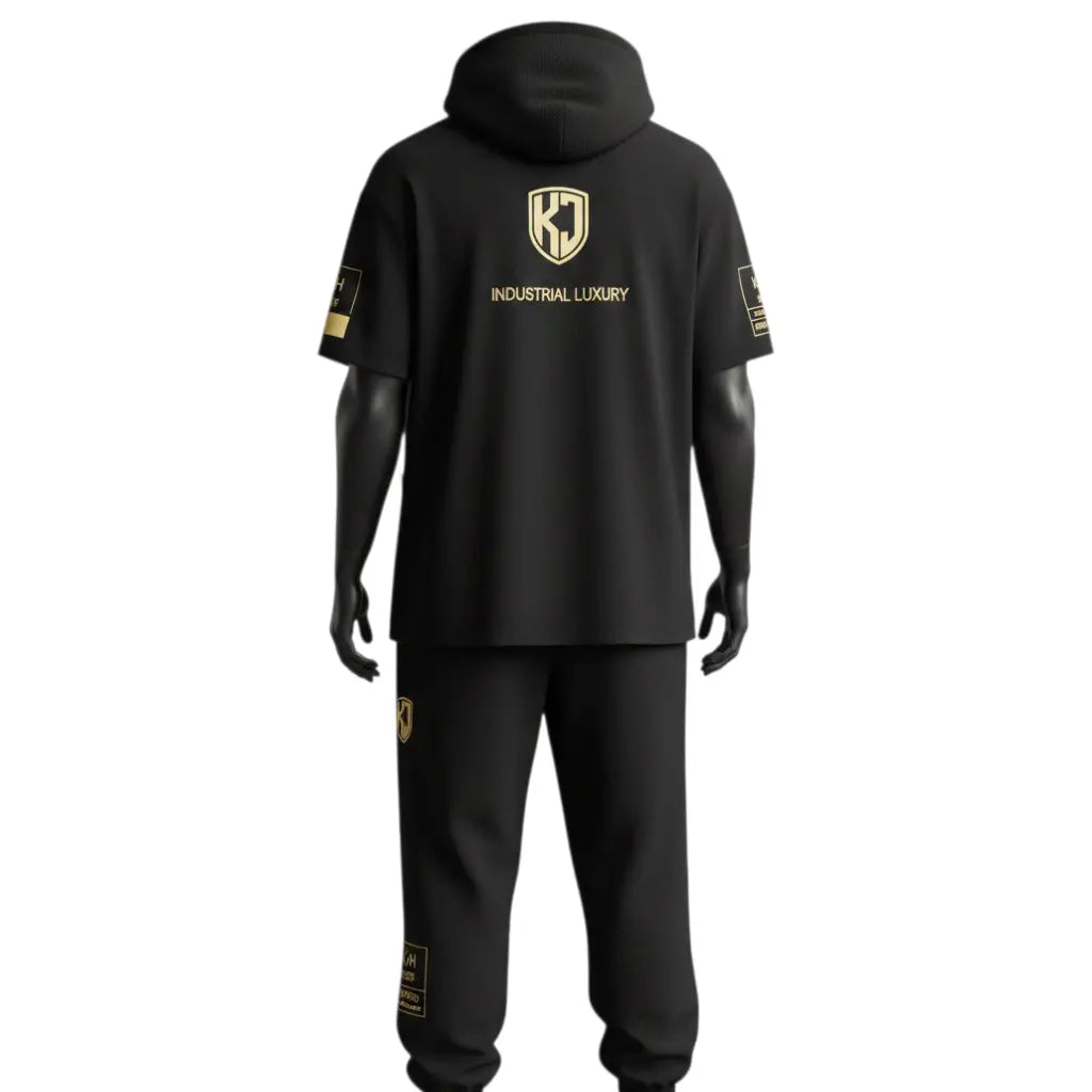 Back view of KJ Origin Drop premium short-sleeve hoodie set in heavyweight matte black fabric featuring gold-embossed KJ shield logo.